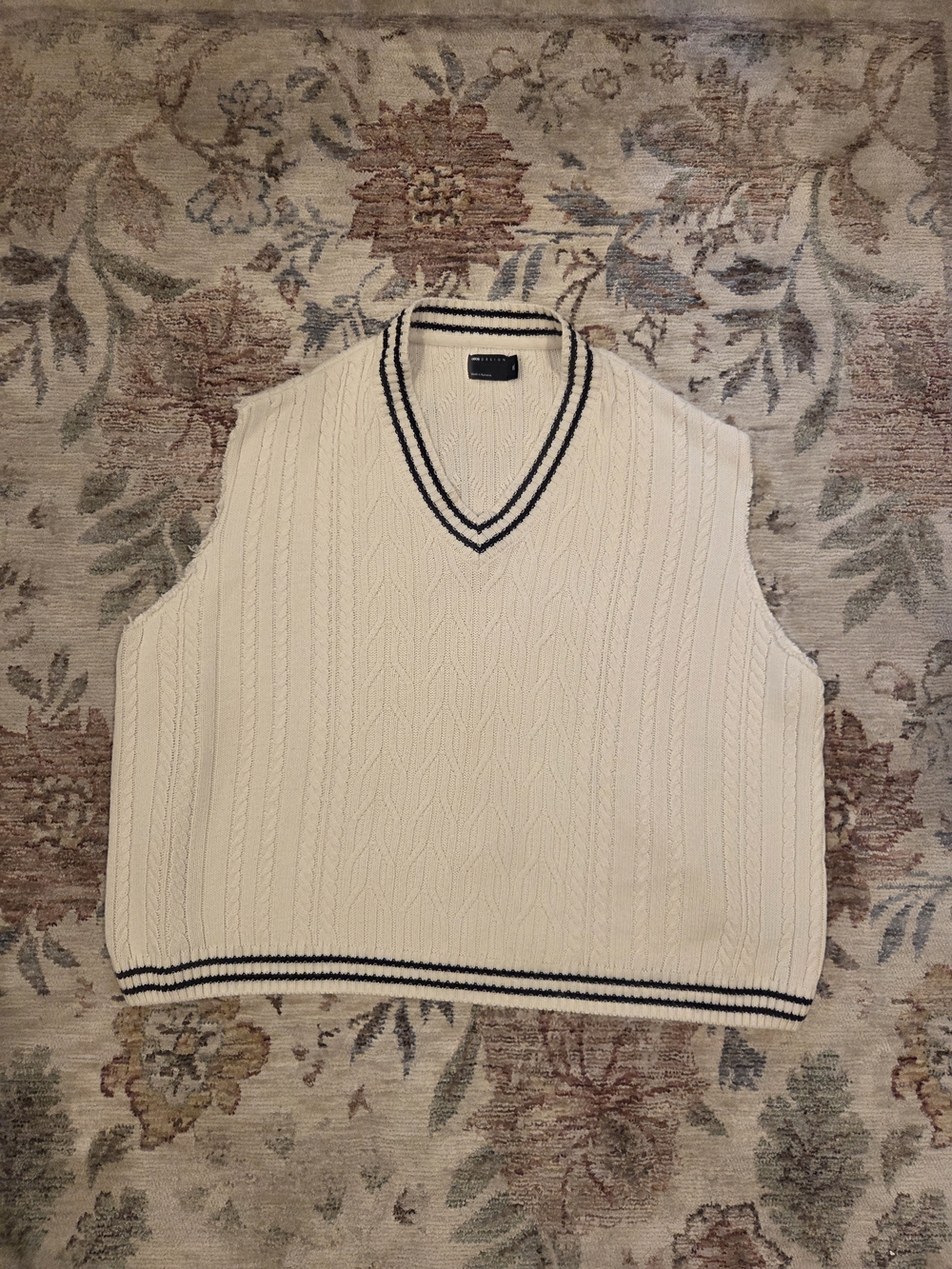 ASOS Design Oversized Cable Knit Sweater Vest In Cream And Navt